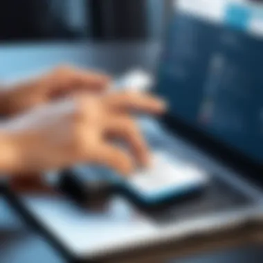 Comparing Business Card Scanner Features A person analyzing features of various business card scanner software on a laptop