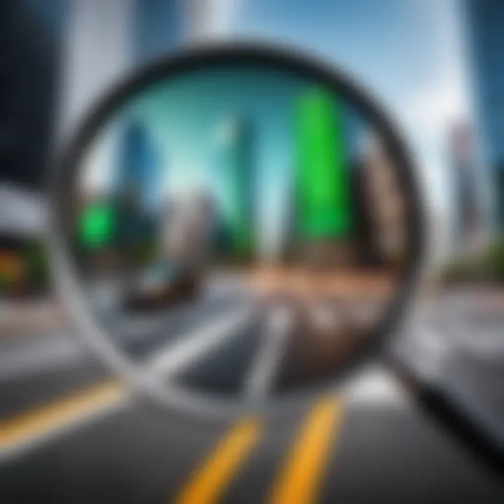 A magnifying glass focusing on street signs directing towards CenturyLink